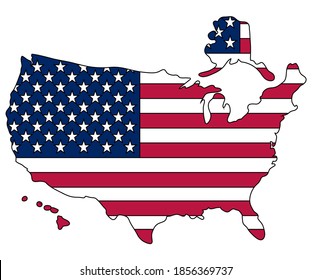 Map of the USA with the national flag of United States of America isolated on white background. Thick black stroke. Vector illustration.