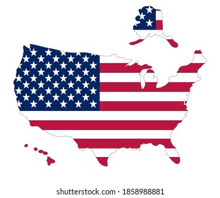 Map of the USA with the national flag of United States of America isolated on white background. Thin black stroke. Vector illustration.