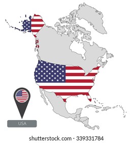 Map of USA with an official flag. Location in North America