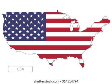 Map of USA with an official flag. North America. Illustration on white background