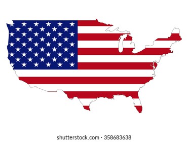 Map of USA with an official flag. North America. Illustration on white background