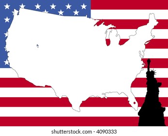map of USA on American flag with statue of Liberty background