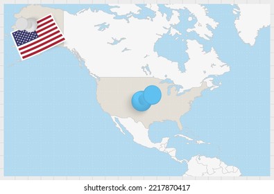 Map of USA with a pinned blue pin. Pinned flag of USA, vector illustration.