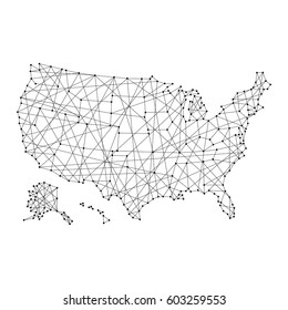 Map of USA from polygonal black lines and dots of vector illustration