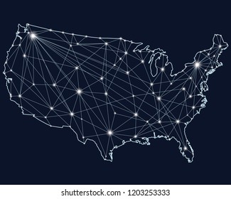 Map of USA from polygonal blue lines and glowing point vector illustration