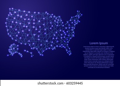 Map of USA from polygonal blue lines and glowing stars vector illustration