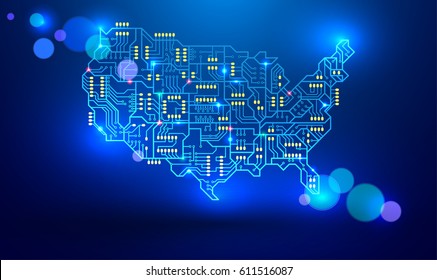 Map of the USA as a printed circuit Board. vector illustration. Electronic industry of America. luminous signals are transmitted via conductors and pads with bokeh effect