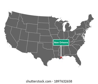 Map of the USA with road sign New Orleans