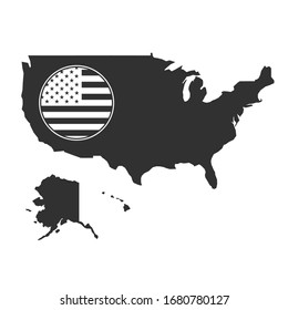 Map of USA and round flag in black color. Stock Vector illustration isolated on white background.