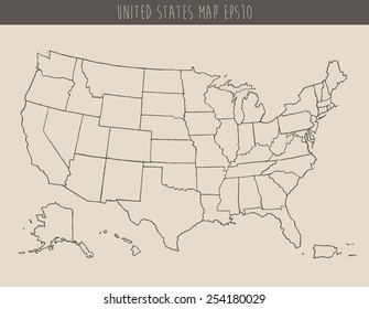 Map of USA with separable borders, hand drawn vector illustration, sketch