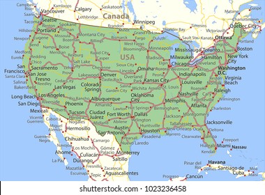 Map of the USA. Shows country borders,  place names and roads. Labels in English where possible.Projection: Lambert Conformal Conic.