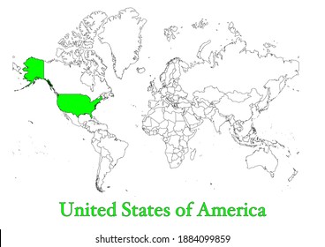 Map of USA.  The map shows the location of the United States of America in the world. The vector map is appropriate for prints of all sizes. An isolated map on white background.