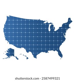 Map of the USA with solar panel pattern, symbolizing renewable energy and sustainability. Ideal for themes related to green energy, solar power technology, and environmental conservation.