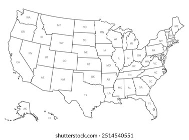 Map of USA with state abbreviations
