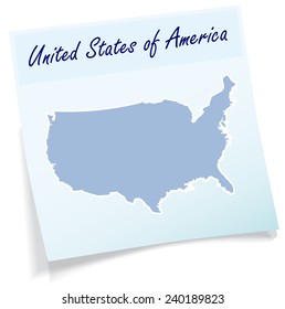 Map of USA as sticky note in blue