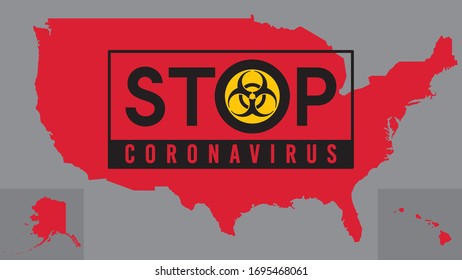 Map of USA with stop sign -  biohazard sign. Red map on a grey background. Vector illustration.