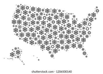 Map of USA territories designed with gray engine symbols. Vector abstract mosaic of map of USA territories with industry symbols. Engineering flat design for industry posters.