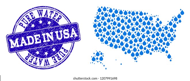 Map of USA territories vector mosaic and Pure Water grunge stamp. Map of USA territories formed with blue water dews. Seal with distress rubber texture for clear drinking water.