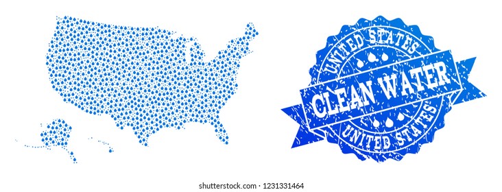 Map of USA territories vector mosaic and clean water grunge stamp. Map of USA territories created with blue liquid drops. Seal with grunge rubber texture for clean drinking water.