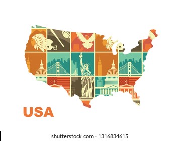 Map of the USA with Traditional symbols of architecture and culture of the USA
