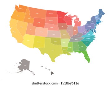 Map of USA, United States of America, in colors of rainbow spectrum. With state names.