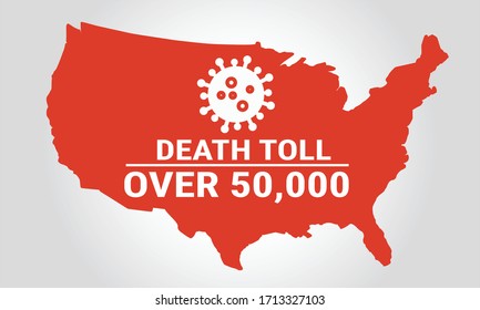 Map of usa united states of america with coronavirus covid 19 icon with description: virus Death Toll rate over 50,000. Fifty thousand. vector illustration.