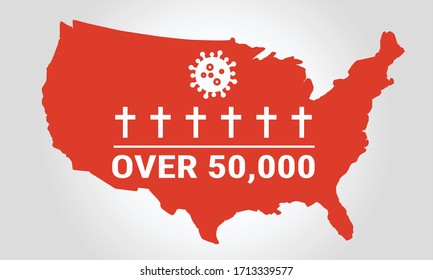 Map of usa united states of america with coronavirus covid 19 icon and bare cross symbol indicating virus Death Toll rate over 50,000. vector illustration.