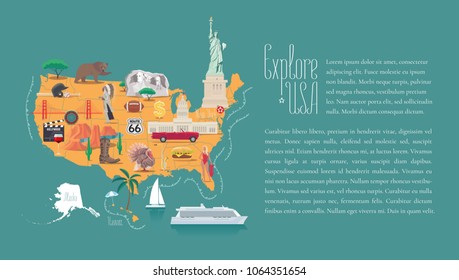 Map of USA vector illustration, design. Icons with American landmarks, Washington capitol, New York, Golden gate bridge. Explore United States of America template article 