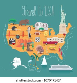 Map of USA vector illustration, design. Icons with American capitol, hollywood, Rushmore mountain. Alaska and Hawaii states. Explore United states of America concept image