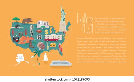 Map of USA vector illustration, design. Icons with American landmarks, statue of liberty, Rushmore, White house. Explore United States of America template article