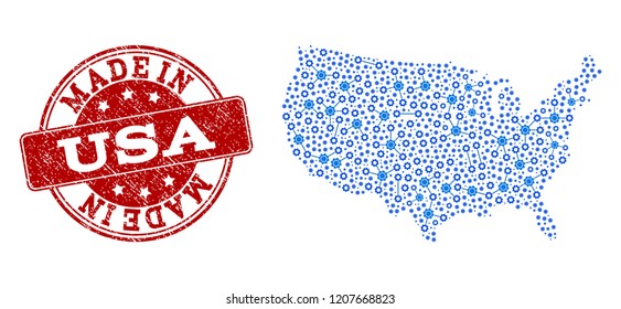 Map of USA vector mosaic and Made In grunge stamp. Map of USA formed with blue gear connections. Made in red seal with grunge rubber texture.