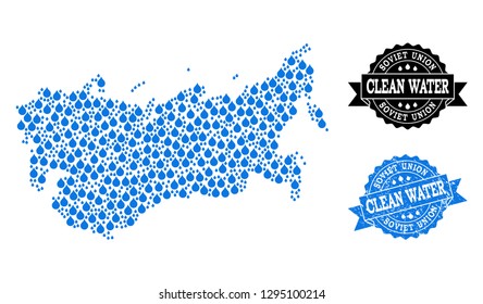 Map of USSR vector mosaic and clean water grunge stamp. Map of USSR composed with blue water dews. Seal with grunge rubber texture for clear drinking water.