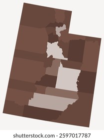 Map of Utah with counties. Just a simple state border map with county division. Brown color palette. Plain State of Utah shape with administrative division. Vector illustration.