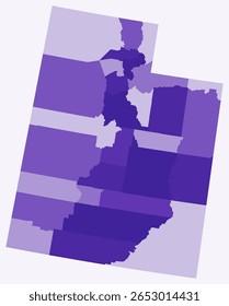 Map of Utah with counties. Just a simple state border map with county division. Deep purple color palette. Blank State of Utah shape with administrative division. Vector illustration.