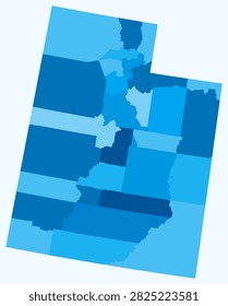 Map of Utah with counties. Just a simple state border map with county division. Light blue color palette. Flat State of Utah shape with administrative division. Vector illustration.