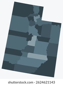 Mapa de Utah con los condados. Solo un simple mapa de la frontera estatal con la división del condado. Paleta de colores gris azul. Forma de estado en blanco de Utah con división administrativa. Ilustración vectorial.
