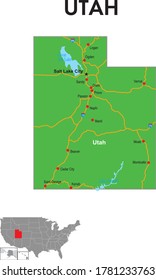 Map of Utah. The map depicts the state capitals, major cities and highways.