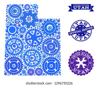 Map of Utah State composed with blue wheel symbols, and isolated scratched watermarks for official repair services. Vector abstract mosaic of map of Utah State with work symbols in blue hues.