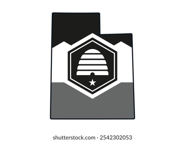 Mapa do estado de Utah com sua bandeira oficial em branco e preto. Ilustração vetorial