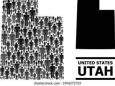 Karte des Bundesstaates Utah für soziale Projekte. Vektorlandschaftscollage. Kompositionskarte des Bundesstaates Utah aus sozialen Elementen. Demografisches Konzept in dunkelgrauen Farbtönen.