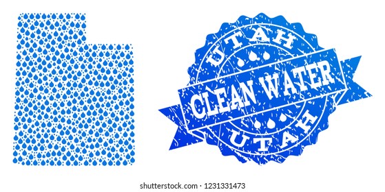 Map of Utah State vector mosaic and clean water grunge stamp. Map of Utah State designed with blue aqua tears. Seal with unclean rubber texture for clean drinking water.