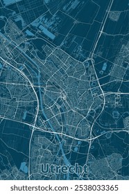 Mapa de Utrecht, Países Baixos, renderizado em um estilo minimalista. O mapa apresenta um fundo azul profundo com linhas brancas representando estradas, vias navegáveis e outras características urbanas.