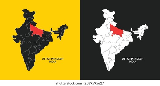 Map of Uttar pradesh , Map of Uttar pradesh with India, Map of Uttar pradesh state of India Vector Illustration, map of Uttar pradesh with solid color, India.