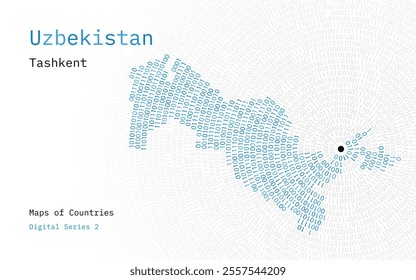 A map of Uzbekistan depicted in zeros and ones in the form of a circle. The capital, Tashkent, is shown in the center of the circle	