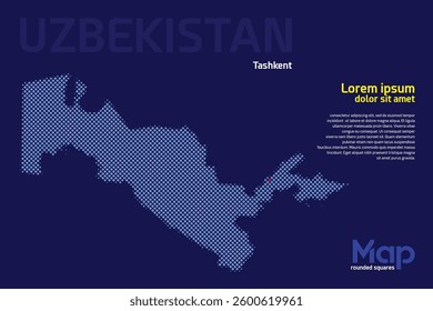 Map of Uzbekistan featuring rounded squares with light blue color. The location of the capital marked with a red square. Isolated on a dark blue background. Perfect for various design projects