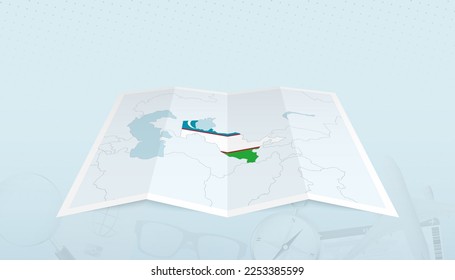 Map of Uzbekistan with the flag of Uzbekistan in the contour of the map on a trip abstract backdrop. Travel illustration.