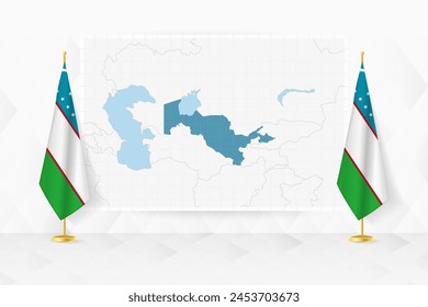 Mapa de Uzbekistán y banderas de Uzbekistán en el stand de la bandera. Ilustración vectorial para la reunión de diplomacia.