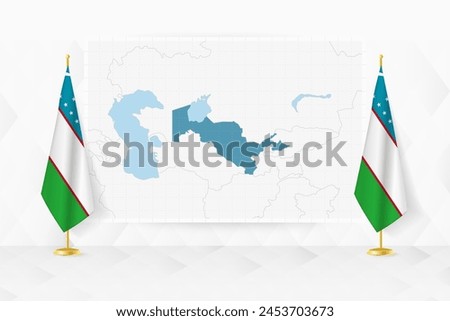Map of Uzbekistan and flags of Uzbekistan on flag stand. Vector illustration for diplomacy meeting.