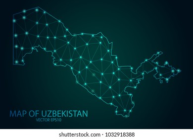 Map of Uzbekistan - With glowing point and lines scales on The dark gradient background, 3D mesh polygonal network connections. Vector illustration eps10.