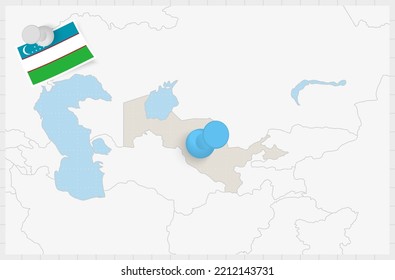 Map of Uzbekistan with a pinned blue pin. Pinned flag of Uzbekistan, vector illustration.